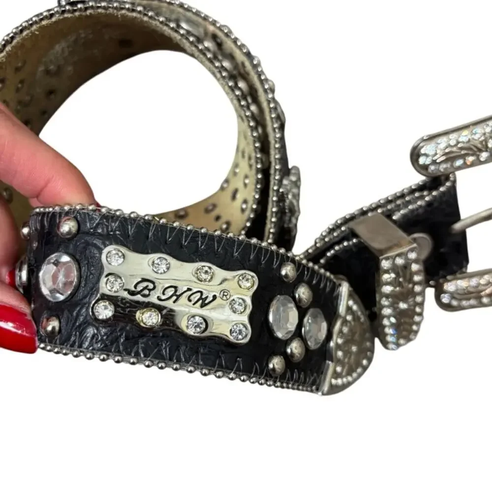 BHW Y2K Studded Cross Belt Black Leather Silver Ed Hardy Statement M